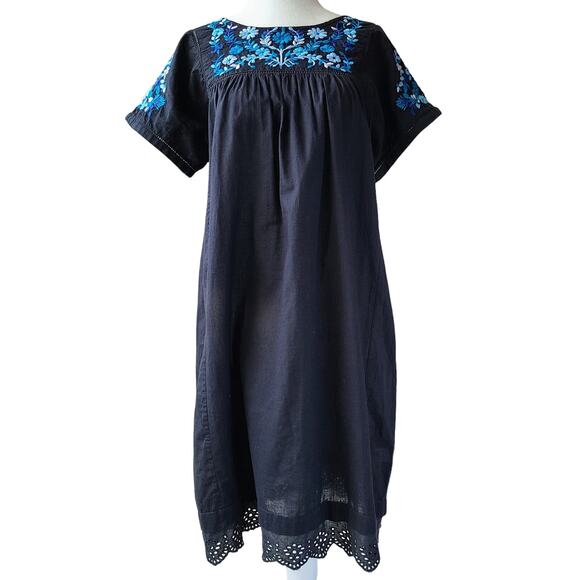 Rebecca Taylor Embroidered Floral Eyelet Cotton Shift Dress Black Blue Size 6 - Picture 2 of 16